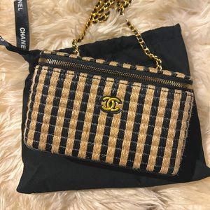 Double CC Black Beige Straw Vanity Box Crossbody Bag